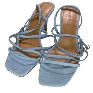 Who What Wear Buckle Straps Heeled Sandals Blue Leather
